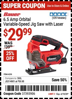 Harbor Freight Coupon BAUER 6.5 AMP ORBITAL VARIABLE-SPEED JIG SAW WITH LASER Lot No. 64290 Expired: 4/19/26 - $29.99