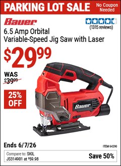 Harbor Freight Coupon BAUER 6.5 AMP ORBITAL VARIABLE-SPEED JIG SAW WITH LASER Lot No. 64290 Valid Thru: 6/7/26 - $29.99