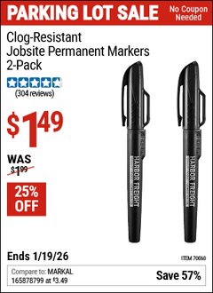 Harbor Freight Coupon CLOG-RESISTANT JOBSITE PERMANENT MARKERS, 2-PACK Lot No. 70060 Expired: 12/31/69 - $1.49