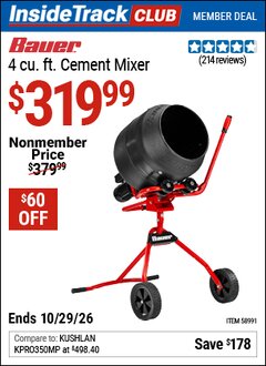 Harbor Freight ITC Coupon BAUER 4 CU. FT. CEMENT MIXER Lot No. 58991 Dates Valid: 12/31/69 - 10/29/26 - $319.99