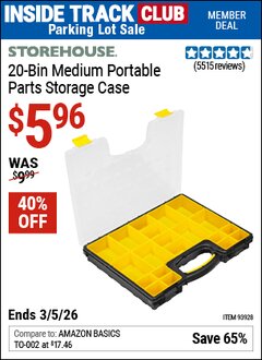 Harbor Freight ITC Coupon STOREHOUSE 20-BIN MEDIUM PORTABLE PARTS STORAGE CASE Lot No. 62778/93928 Expired: 3/5/26 - $5.96