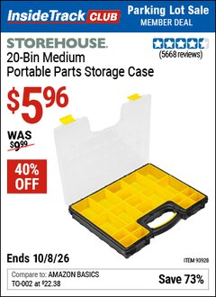 Harbor Freight ITC Coupon STOREHOUSE 20-BIN MEDIUM PORTABLE PARTS STORAGE CASE Lot No. 62778/93928 Expired: 10/8/26 - $5.96