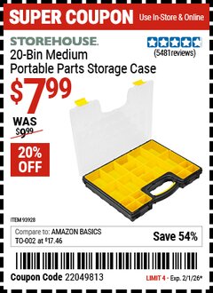 Harbor Freight Coupon STOREHOUSE 20-BIN MEDIUM PORTABLE PARTS STORAGE CASE Lot No. 62778/93928 Expired: 2/1/26 - $7.99