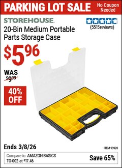 Harbor Freight Coupon STOREHOUSE 20-BIN MEDIUM PORTABLE PARTS STORAGE CASE Lot No. 62778/93928 Expired: 3/8/26 - $5.96