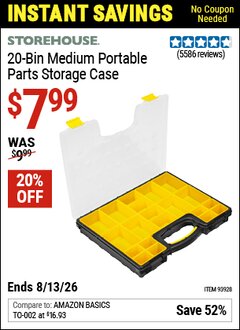 Harbor Freight Coupon STOREHOUSE 20-BIN MEDIUM PORTABLE PARTS STORAGE CASE Lot No. 62778/93928 Valid Thru: 6/13/26 - $7.99