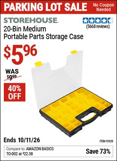 Harbor Freight Coupon STOREHOUSE 20-BIN MEDIUM PORTABLE PARTS STORAGE CASE Lot No. 62778/93928 Expired: 10/11/26 - $5.96