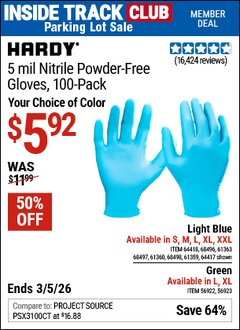 Harbor Freight ITC Coupon HARDY 5 MIL NITRILE POWDER-FREE GLOVES, 100-PACK Lot No. 56922/56923/64417/64418/68496/61363/68497/61360/68498/61359 Expired: 3/5/26 - $5.92