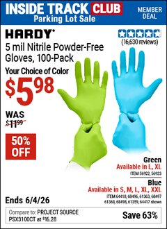 Harbor Freight ITC Coupon HARDY 5 MIL NITRILE POWDER-FREE GLOVES, 100-PACK, GREEN Lot No. 56922/56923 Expired: 6/4/26 - $5.98