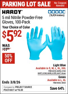 Harbor Freight Coupon HARDY 5 MIL NITRILE POWDER-FREE GLOVES, 100-PACK Lot No. 56922/56923/64417/64418/68496/61363/68497/61360/68498/61359 Expired: 3/8/26 - $5.92