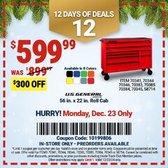 Harbor Freight Coupon U.S. GENERAL 56 IN. X 22 IN. ROLL CAB, SERIES 3 Lot No. 58714/70341/70344/70345/70346/70383/70384/70385 Expired: 12/23/24 - $599.99
