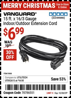 Harbor Freight Coupon VANGUARD 15 FT. X 16/3 GAUGE INDOOR/OUTDOOR EXTENSION CORD, BLACK Lot No. 59808 Expired: 12/28/25 - $6.99
