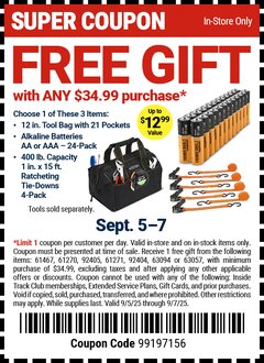 Harbor Freight FREE Coupon HAULMASTER 400 LB. CAPACITY 1 IN. X 15 FT. RATCHETING TIE DOWNS 4-PACK Lot No. 63056/63150/56668/63094 Expired: 9/7/25 - FWP