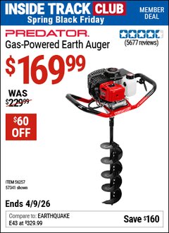 Harbor Freight ITC Coupon PREDATOR GAS-POWERED EARTH AUGER Lot No. 63022/56257/57341 Expired: 4/9/26 - $169.99