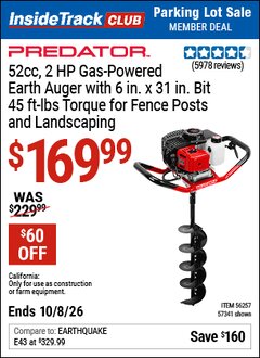 Harbor Freight ITC Coupon PREDATOR GAS-POWERED EARTH AUGER Lot No. 63022/56257/57341 Expired: 10/8/26 - $169.99