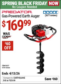 Harbor Freight Coupon PREDATOR GAS-POWERED EARTH AUGER Lot No. 63022/56257/57341 Expired: 4/12/26 - $169.99