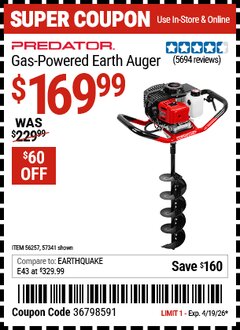Harbor Freight Coupon PREDATOR GAS-POWERED EARTH AUGER Lot No. 63022/56257/57341 Expired: 4/19/26 - $169.99