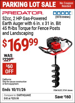 Harbor Freight Coupon PREDATOR GAS-POWERED EARTH AUGER Lot No. 63022/56257/57341 Expired: 10/11/26 - $169.99