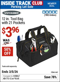 Harbor Freight ITC Coupon VOYAGER 12 IN. TOOL BAG WITH 21 POCKETS Lot No. 61467 Expired: 3/5/26 - $3.96