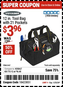 Harbor Freight Coupon VOYAGER 12 IN. TOOL BAG WITH 21 POCKETS Lot No. 61467 Expired: 1/25/26 - $3.96