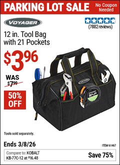 Harbor Freight Coupon VOYAGER 12 IN. TOOL BAG WITH 21 POCKETS Lot No. 61467 Expired: 3/8/26 - $3.96