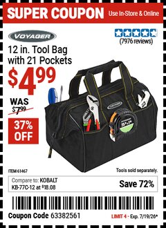 Harbor Freight Coupon VOYAGER 12 IN. TOOL BAG WITH 21 POCKETS Lot No. 61467 EXPIRES: 7/19/26 - $4.99
