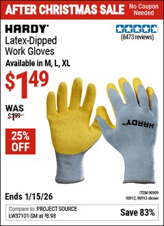 Harbor Freight Coupon HARDY LATEX-DIPPED WORK GLOVES Lot No. 90909/61436/90913/61437/90912 Valid Thru: 1/15/26 - $1.49