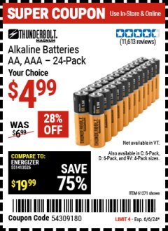 Harbor Freight Coupon THUNDERBOLT ALKALINE BATTERIES AA,  AAA - 24-PACK Lot No. 61271 Expired: 6/6/24 - $4.99