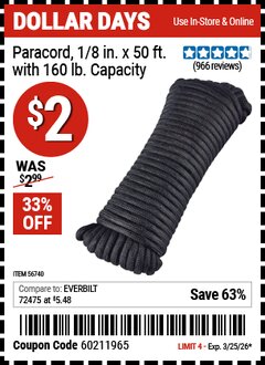Harbor Freight Coupon PARACORD, 1/8 IN. X 50 FT. WITH 160 LB. CAPACITY Lot No. 56740 Expired: 3/25/26 - $2