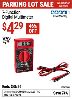 Harbor Freight Coupon 7-FUNCTION DIGITAL MULTIMETER Lot No. 59434 Expired: 3/8/26 - $4.29