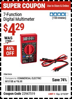 Harbor Freight Coupon 7-FUNCTION DIGITAL MULTIMETER Lot No. 59434 Expired: 3/15/26 - $4.29