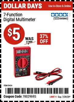 Harbor Freight Coupon 7-FUNCTION DIGITAL MULTIMETER Lot No. 59434 Valid Thru: 7/29/26 - $5
