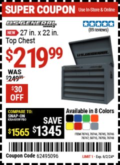 Harbor Freight Coupon U.S. GENERAL 27 IN. X 22 IN. TOP CHEST, SERIES 3 Lot No. 70743, 70744, 70745, 70746, 70747, 58715, 70750, 70748 Expired: 6/2/24 - $219.99