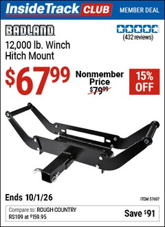 Harbor Freight Coupon BADLAND 12,000 LB. WINCH HITCH MOUNT Lot No. 57607 Valid: 12/31/69 - 10/1/26 - $67.99