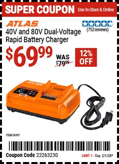 Harbor Freight Coupon ATLAS 40V AND 80V DUAL-VOLTAGE RAPID BATTERY CHARGER Lot No. 56997 Valid Thru: 2/1/26 - $69.99