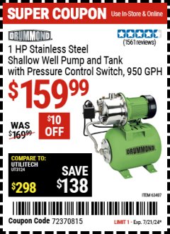 Harbor Freight Coupon DRUMMOND 1 HP STAINLESS STEEL SHALLOW WELL PUMP AND TANK WITH PRESSURE CONTROL SWITCH, 950 GPH Lot No. 63407 Expired: 7/21/24 - $159.99