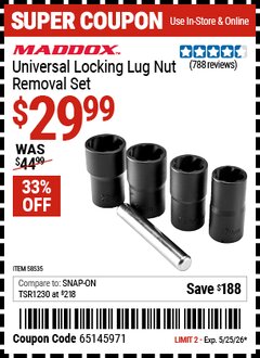 Harbor Freight Coupon MADDOX UNIVERSAL LOCKING LUG NUT REMOVAL SET Lot No. 58535 Expired: 5/25/26 - $29.99