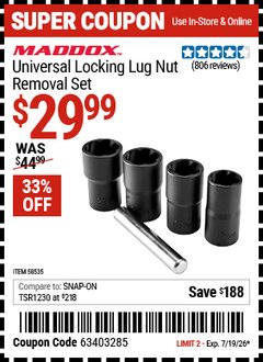 Harbor Freight Coupon MADDOX UNIVERSAL LOCKING LUG NUT REMOVAL SET Lot No. 58535 EXPIRES: 7/19/26 - $29.99
