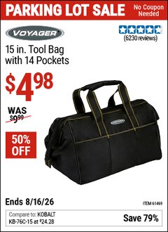 Harbor Freight Coupon VOYAGER 15 IN. TOOL BAG WITH 14 POCKETS Lot No. 61469 Expired: 8/16/26 - $4.98