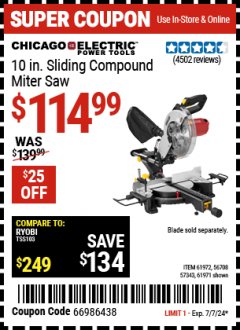 Harbor Freight Coupon 10 IN. SLIDING COMPOUND MITER SAW Lot No. 61972/56708/57343/61971 Expired: 7/7/24 - $114.99