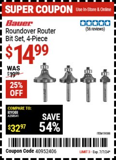 Harbor Freight Coupon BAUER ROUNDOVER ROUTER BIT SET, 4-PIECE Lot No. 59308 Expired: 7/7/24 - $14.99