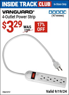 Harbor Freight ITC Coupon VANGUARD 4-OUTLET POWER STRIP Lot No. 59797 Expired: 9/19/24 - $3.29