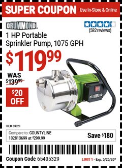 Harbor Freight Coupon DRUMMOND 1 HP PORTABLE SPRINKLER PUMP, 1075 GPH Lot No. 63320 Valid Thru: 5/25/26 - $119.99