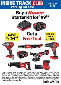 Harbor Freight Free Coupon BAUER 20V BRUSHLESS CORDLESS 1/2 IN. 3-SPEED IMPACT WRENCH - TOOL ONLY Lot No. 58637 Valid Thru: 3/5/26 - FWP