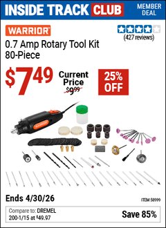 Harbor Freight ITC Coupon WARRIOR 0.7 AMP ROTARY TOOL KIT, 80-PIECE Lot No. 58999 Dates Valid: 12/31/69 - 4/30/26 - $7.49