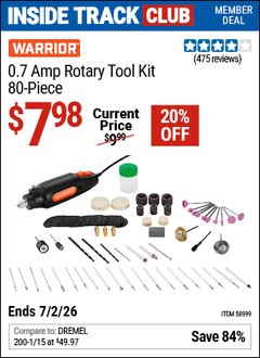 Harbor Freight Coupon WARRIOR 0.7 AMP ROTARY TOOL KIT, 80-PIECE Lot No. 58999 Valid: 12/31/69 - 7/2/26 - $7.98