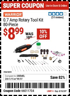 Harbor Freight Coupon WARRIOR 0.7 AMP ROTARY TOOL KIT, 80-PIECE Lot No. 58999 Expired: 8/16/26 - $8.99