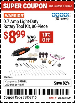 Harbor Freight Coupon WARRIOR 0.7 AMP ROTARY TOOL KIT, 80-PIECE Lot No. 58999 Valid Thru: 10/11/26 - $8.99