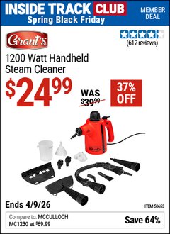 Harbor Freight ITC Coupon GRANT'S 1200 WATT HANDHELD STEAM CLEANER Lot No. 58653 Expired: 4/9/26 - $24.99