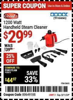 Harbor Freight Coupon GRANT'S 1200 WATT HANDHELD STEAM CLEANER Lot No. 58653 Expired: 8/11/24 - $29.99