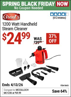 Harbor Freight Coupon GRANT'S 1200 WATT HANDHELD STEAM CLEANER Lot No. 58653 Expired: 4/12/26 - $24.99